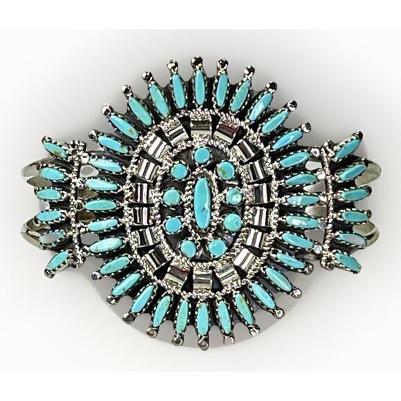 ZUNI Sterling Silver Kingman Turquoise Cluster Bracelet Signed N & R Nez - NEW - Picture 7 of 16